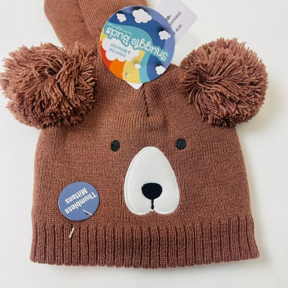 Snuggle Buds Infant Hat & Thumbless Mitten‎ Set Knitted Cute Baby Bear Hat 0-12m